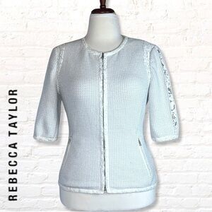 Rebecca Taylor Textured Check Zip Front Blazer Cardigan Ivory Slate Blue Size 8